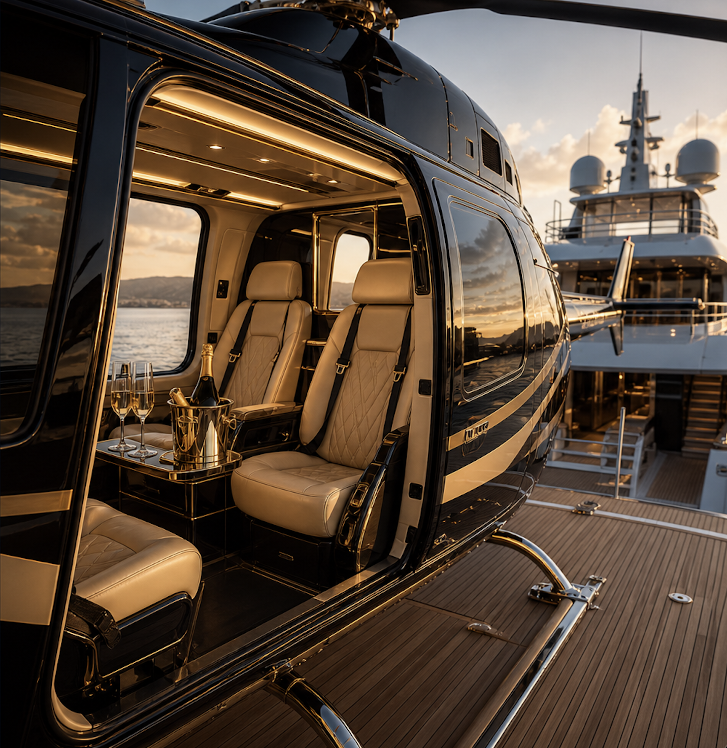 Luxury helicopter interior beside a superyacht
